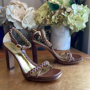 Fendi Strappy Woven Leather Heeled Sandals in Brown and Metallic Gold Leather